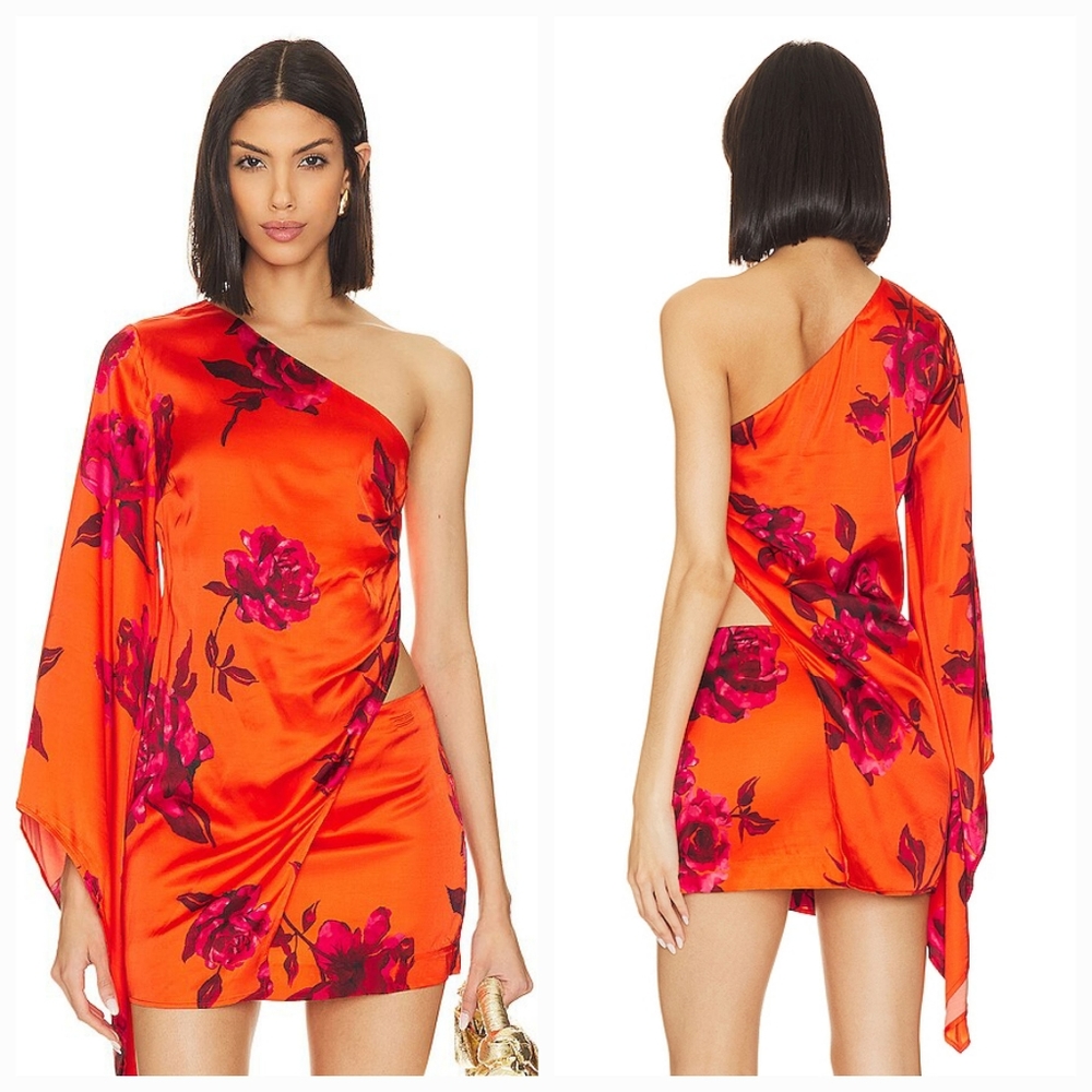 NBD One-Shoulder Satin Mini Dress in Bright Orange with Magenta Floral Print